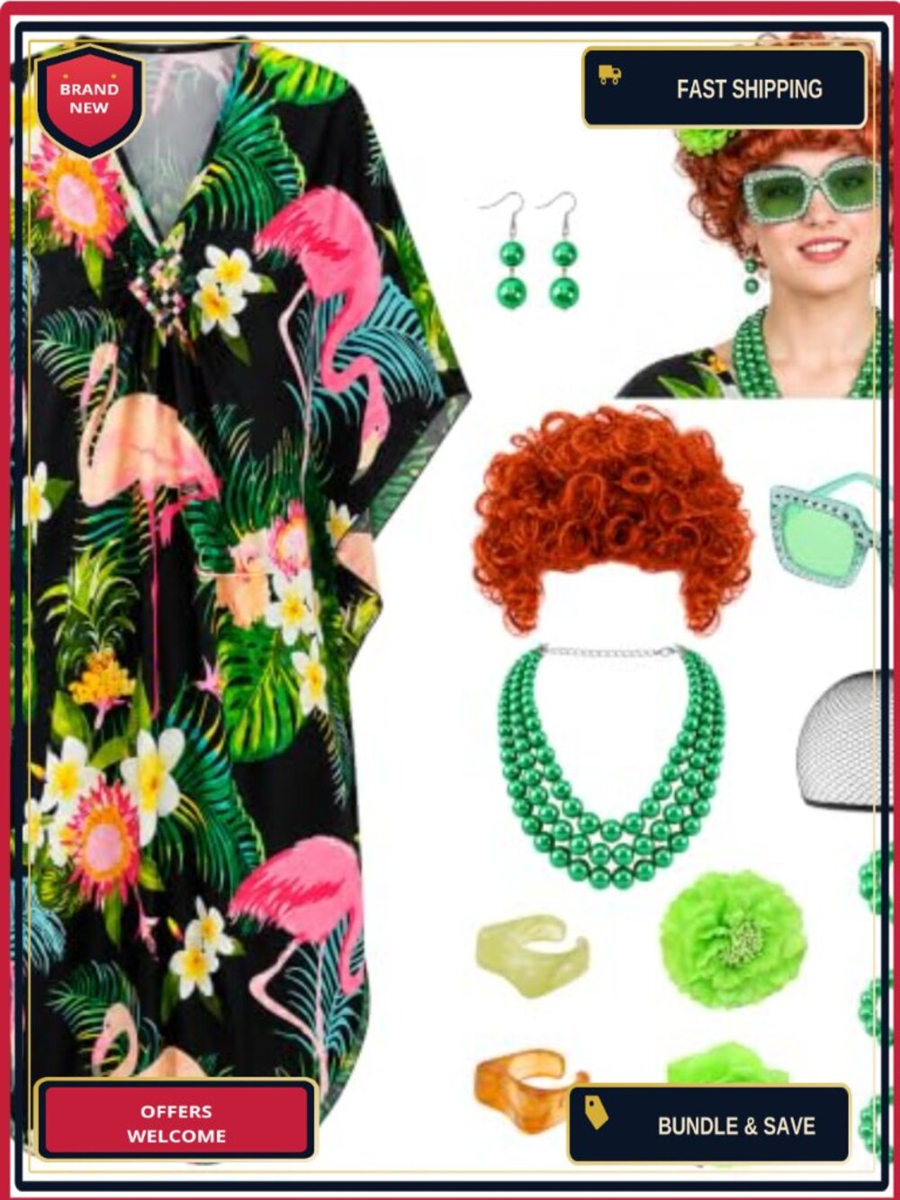 Women Landlady Costume Caftan Dress Wig Jewelry Set Halloween Cosplay